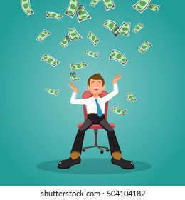 Vector illustration of happy businessman celebrates success sitting in an office chair under money rain banknotes falling on blue background. Concept of success, achievement, wealth flat style