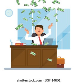 Vector illustration of happy businessman celebrates success sitting on the office desk workplace under money rain banknotes falling. Concept of success, achievement, wealth flat style