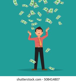 Vector illustration of happy businessman celebrates success standing under money rain banknotes cash falling on blue background. Concept of success, achievement, wealth flat style