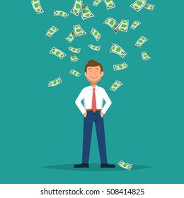 Vector illustration of happy businessman celebrates success standing under money rain banknotes cash falling on blue background. Concept of success, achievement, wealth flat style