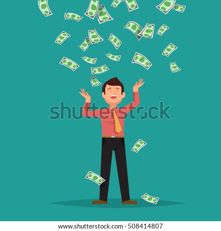 Vector illustration of happy businessman celebrates success standing under money rain banknotes cash falling on blue background. Concept of success, achievement, wealth flat style