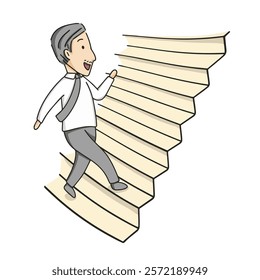 vector illustration of happy businessman climbing career ladder. businessman climbing stair, isolated on white background