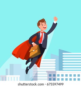Vector illustration of happy businessman flying in business suit and red cape. Business man superhero holding hand up flies swiftly on the background of the modern urban landscape