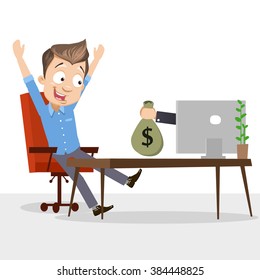 Vector illustration of happy businessman getting money for internet project