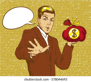 Vector illustration of happy businessman holding money bag with dollar sign. Business success, feelings and emotions concept in retro pop art comic style. Speech bubble.