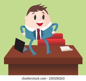 Vector illustration with a happy businessman jumping on desk