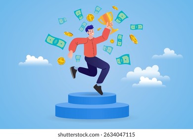 Vector illustration of a happy businessman jumping with flying money, symbolizing success, achievement, and financial reward. Perfect for concepts like earning, bonus, and business growth. 