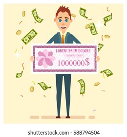  vector illustration of happy businessman with large check  for One Million Dollars in flat cartoon style