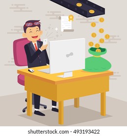 A vector illustration of a Happy Businessman Making Money Concept