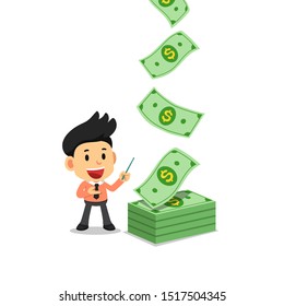 Vector illustration of happy businessman with money banknotes cash falling for design.