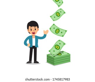 Vector illustration of happy businessman with money banknotes cash falling for design.