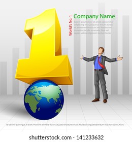 vector illustration of happy businessman with number one on Earth