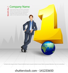 vector illustration of happy businessman with number one on Earth