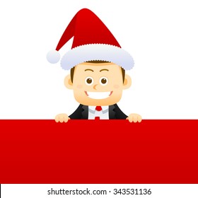 Vector illustration. Happy businessman in Santa Claus hat. Merry Christmas and Happy New Year Be successful at work every year business concept. 