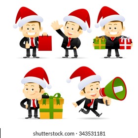 Vector illustration. Happy businessman in Santa Claus hat. Merry Christmas and Happy New Year Be successful at work every year business concept. 