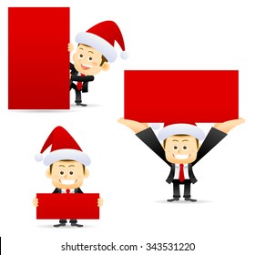 Vector illustration. Happy businessman in Santa Claus hat. Merry Christmas and Happy New Year Be successful at work every year business concept. 