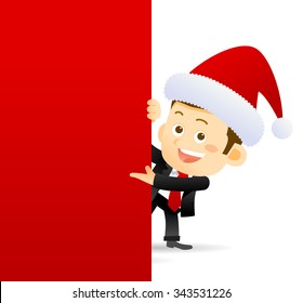 Vector illustration. Happy businessman in Santa Claus hat. Merry Christmas and Happy New Year Be successful at work every year business concept. 