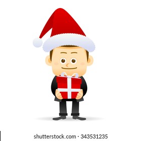 Vector illustration. Happy businessman in Santa Claus hat. Merry Christmas and Happy New Year Be successful at work every year business concept. 
