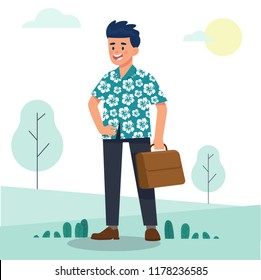 vector illustration happy businessman standing and holding an office bag, happy worker standing outdoor with Hawaiian outfit, flat vector