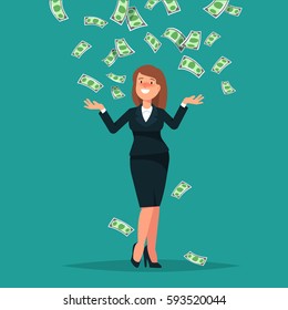 Vector illustration of happy businesswoman celebrates success standing under money rain banknotes cash falling on blue background. Concept of success, achievement, wealth flat style