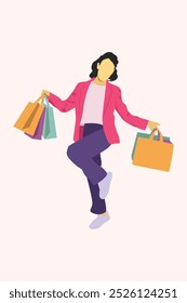 Vector illustration of a happy businesswoman jumping with shopping bags at a modern shopping center. Perfect for retail promotions, e-commerce, fashion sales, and marketing projects.