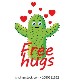 Vector illustration of happy cactus in love demanding affection and hugs.