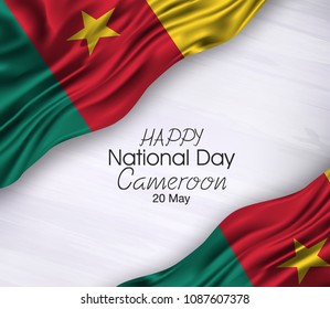 Vector illustration of Happy Cameroon National Day 20 May. Waving flags isolated on gray background.