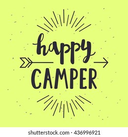 Vector illustration happy CAMPER lettering with arrow. Outdoor poster