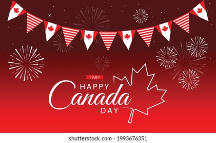 Vector illustration of happy canada day with triangle flag decoration and fireworks. for decoration, banner, advertising, website, poster, background, card, campaign, brochure, and many more.