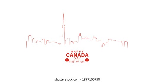 Vector Illustration of Happy Canada Day greeting card. National day of Canada celebration. Toronto city skyscraper building in line art. 