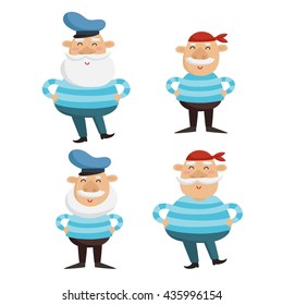 Vector illustration of happy captain and sailor characters in striped shirts isolated on white. Adorable men with beard and mustache in singlets and hat. 