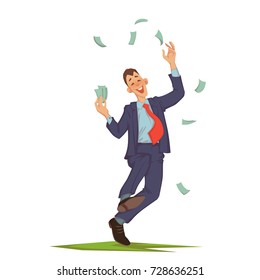 Vector illustration of happy careless businessman walking and throwing up cash. 
