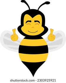 vector illustration of happy cartoon bee crossing his fingers, making a wish or good luck