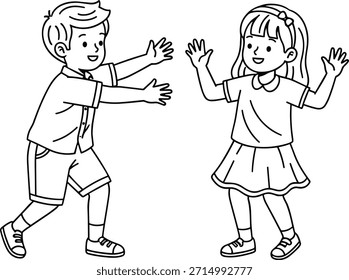 Ilustração vetorial de menino e menina de desenhos animados felizes brincando juntos, levantando as mãos, sorrindo alegremente, perfeito para crianças, educação, livros de atividades e design divertido.