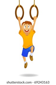 Vector illustration. Happy cartoon boy hanging on gymnastic rings