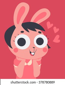 Vector Illustration Of A Happy Cartoon Bunny Girl With Hands On Chin And Closed Eyes, Next To Floating Hearts.