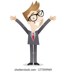 Vector illustration of a happy cartoon businessman smiling and standing with arms wide open