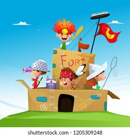 Vector illustration of happy cartoon children playing in paper fortress. Summer vacation.