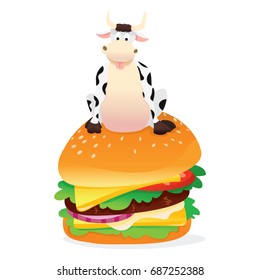 A vector illustration of a happy cartoon cow sitting on a large hamburger.