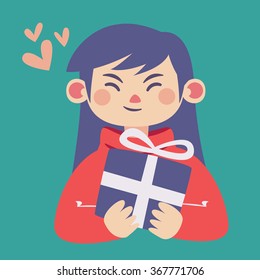 Vector illustration of a happy cartoon girl holding a wrapped present next to floating hearts.