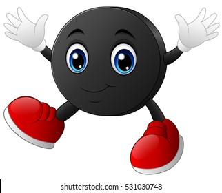 Vector illustration of Happy cartoon hockey puck character with smiling raising its hands
