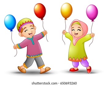 Vector Illustration Of Happy Cartoon Kid Holding Balloon To Celebrate Eid Mubarak