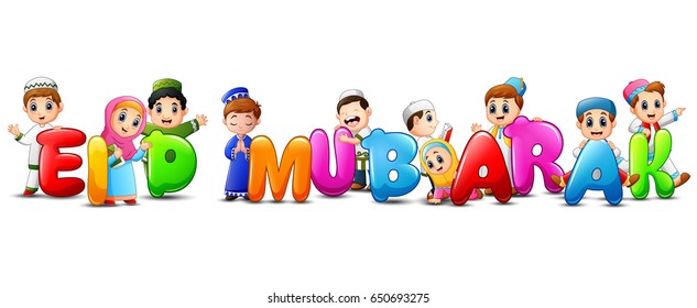 Vector illustration of Happy cartoon kid celebrate eid mubarak