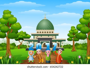 Vector illustration of  Happy cartoon kids celebrate eid mubarak on year 2017