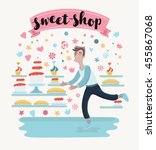 Vector illustration of happy cartoon man in sweetshop confectionery want to take peace of cakes and cupcakes and hand drawn lettering decorate by pink ribbon