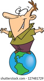 A vector illustration of happy cartoon man standing on top of a globe