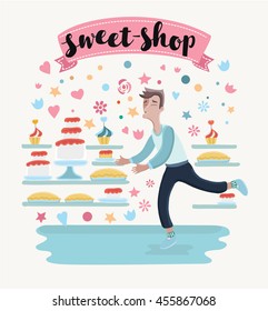 Vector illustration of happy cartoon man in sweetshop confectionery want to take peace of cakes and cupcakes and hand drawn lettering decorate by pink ribbon