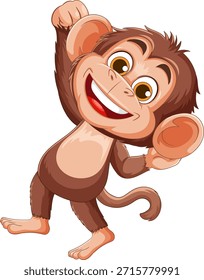 Ilustración vectorial de un mono de dibujos animados feliz con ojos Grandes, amplia sonrisa y brazo levantado, renderizado en colores brillantes y contornos limpios