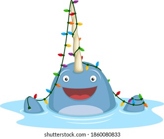 Vector illustration of a happy cartoon narwhal draped in colorful Christmas lights.