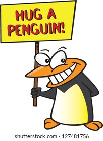A vector illustration of happy cartoon penguin holding sign